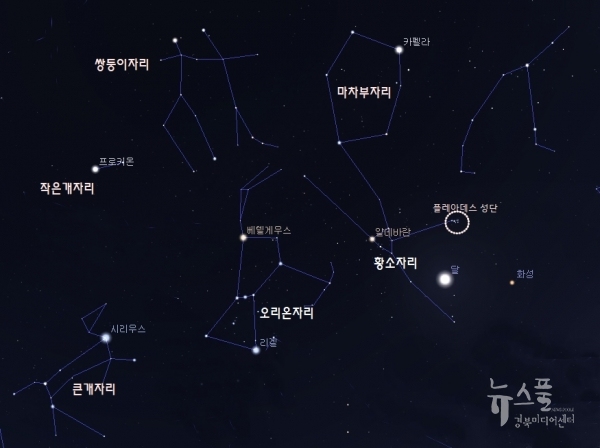 2019. 3. 12 초저녁 달과  '좀생이 별'(플레아데스 성단)의 위치 ⓒ김용식