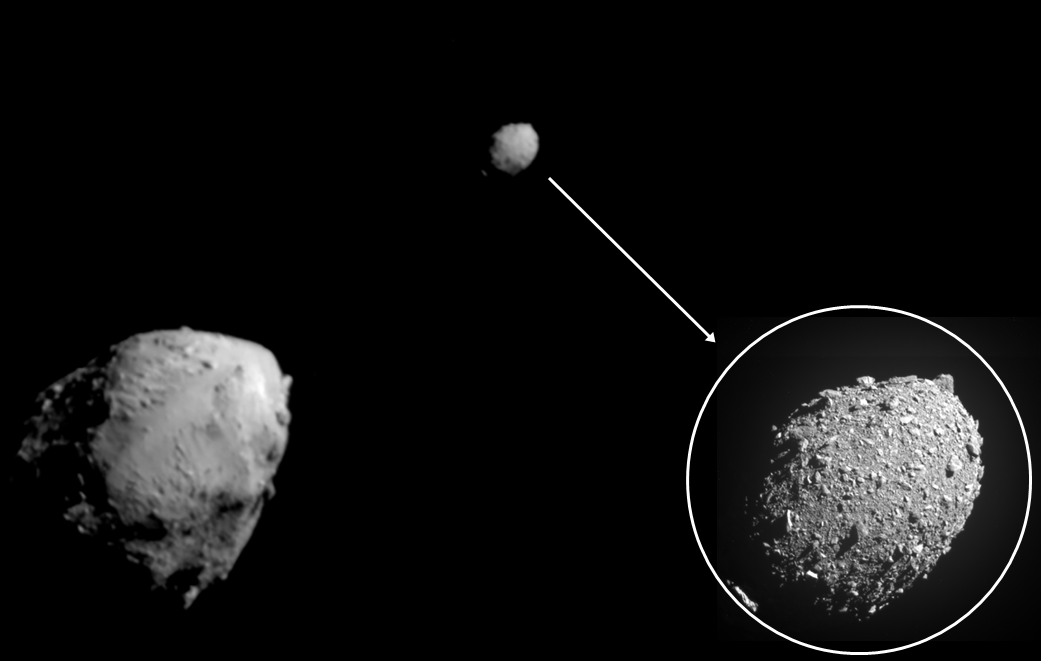 ▲다트 우주선이 보내온 충돌 2분 30초 전 소행성 디디모스(왼쪽 아래)와 충돌 11초 전 디모포스(오른쪽 원 안) 사진. 출처 NASA