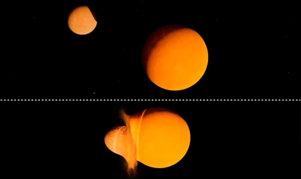 원시 지구로 향하는 원시행성 테이아(위)와 지구와 충돌하는 원시행성 테이아(아래) 그림. 출처 NASA