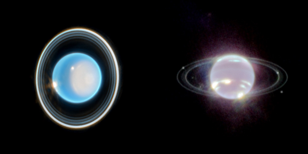 새로운 우주망원경이 촬영한 천왕성(왼쪽)과 해왕성의 고리(오른쪽) 사진. NASA