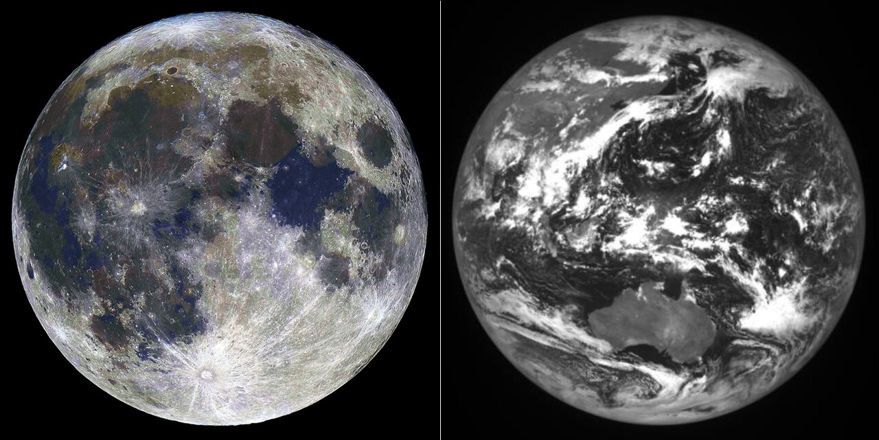 지구에서 본 보름달, 달에서 본 지구. (왼쪽)보름달, 촬영 김석희, 제24회 천체사진공모전 수상작. 출처=한국천문연구원 / (오른쪽)9월 15일 달 궤도선 다누리가 촬영한 지구. 출처=한국항공우주연구원