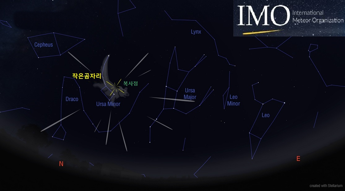 북쪽 하늘 별자리와 작은곰자리 유성우 복사점. 출처=IMO(국제유성기구)